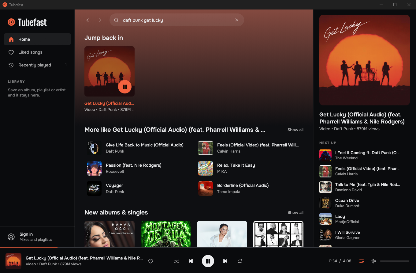 Tubefast playing a track, with the home feed in the middle and the queue on the right